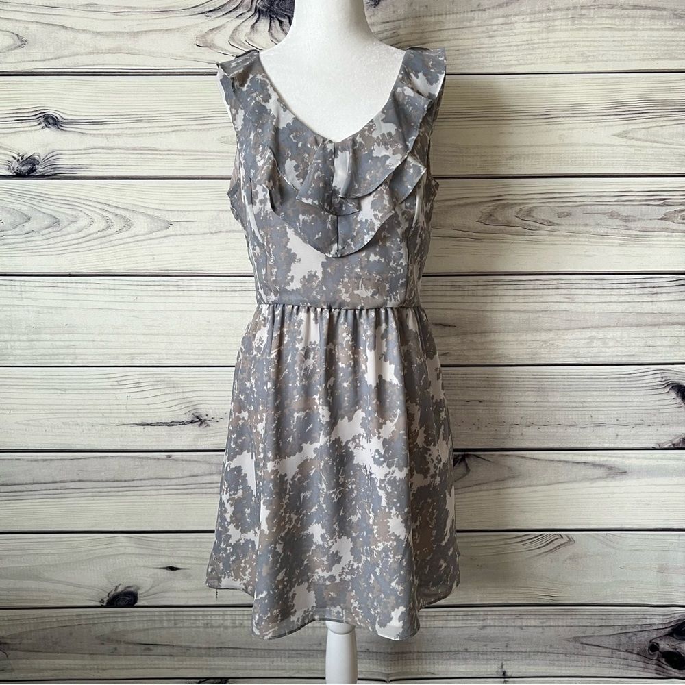Gap Tan & Grey Patterned Ruffle Neckline A-Line Dress